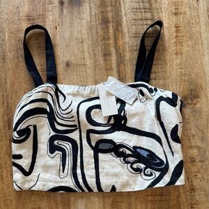 Magaschoni Black blue abstract Cream 100% linen Women's crop cropped top blouse